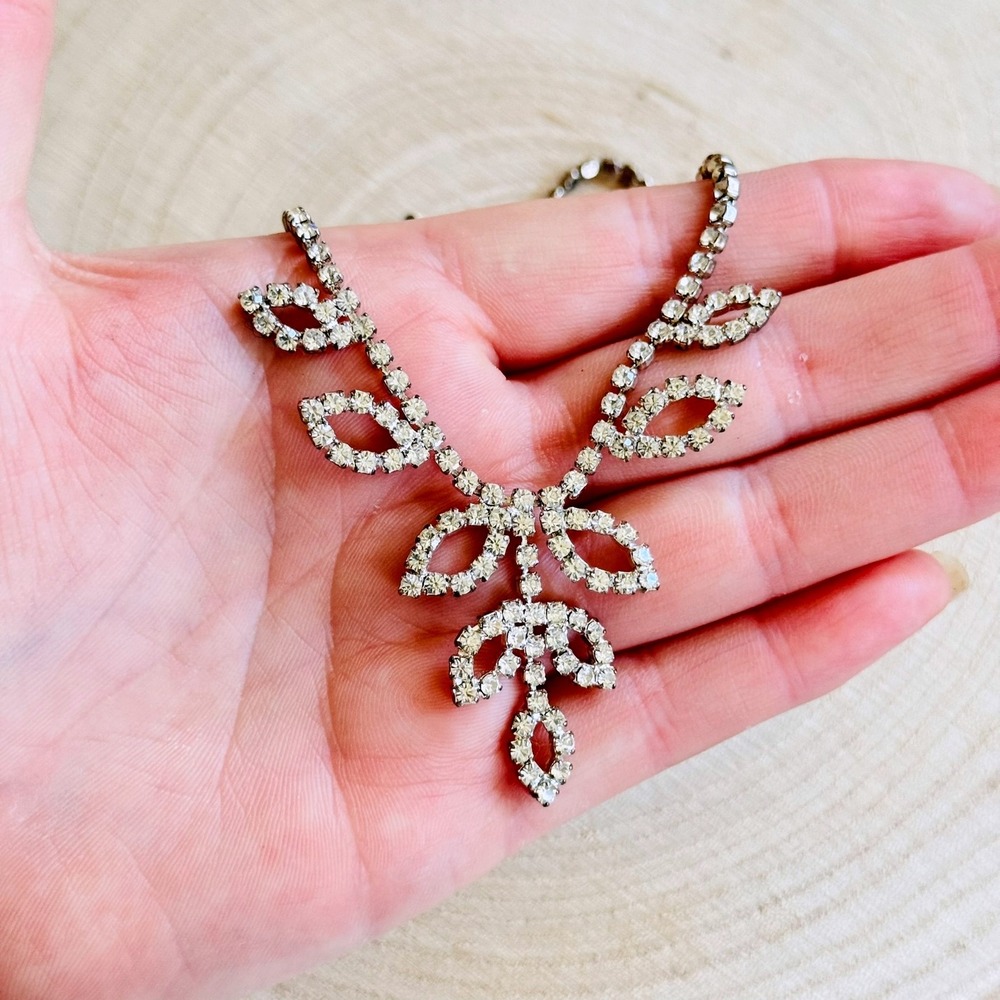 Waterfall silver tone Necklace VTG Jeweled Choker Crystal Rhinestone Regency 16"